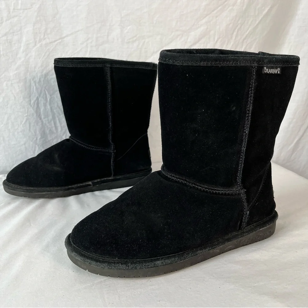 Bearpaw Emma Short Suede Upper Sheepskin Wool Lining Winter Boots Sz 9 Black